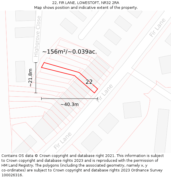 22, FIR LANE, LOWESTOFT, NR32 2RA: Plot and title map
