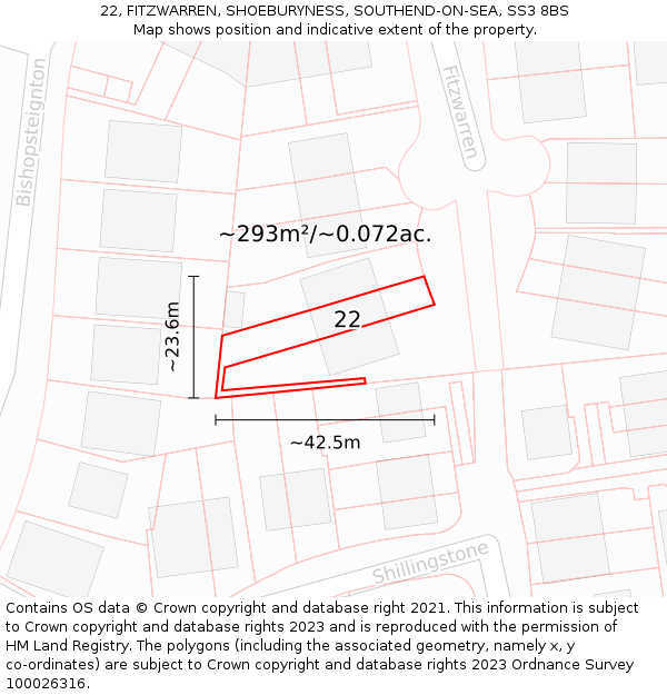 22, FITZWARREN, SHOEBURYNESS, SOUTHEND-ON-SEA, SS3 8BS: Plot and title map