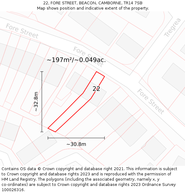 22, FORE STREET, BEACON, CAMBORNE, TR14 7SB: Plot and title map