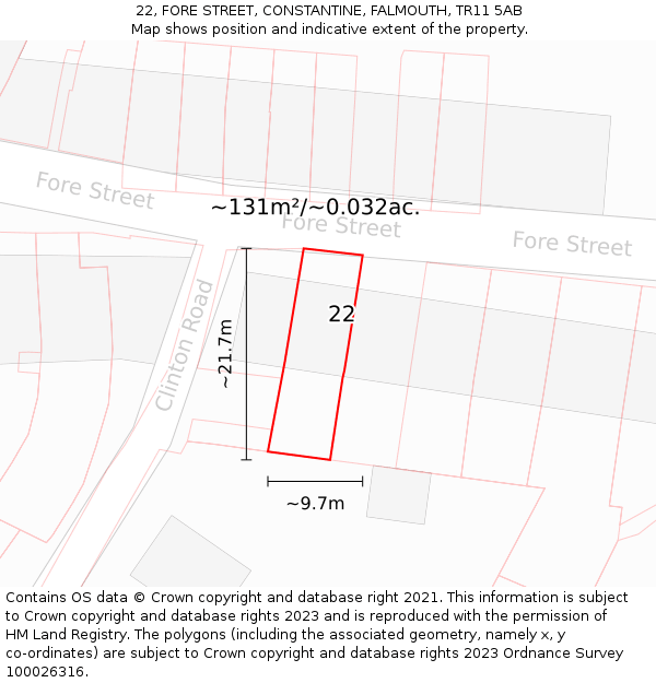22, FORE STREET, CONSTANTINE, FALMOUTH, TR11 5AB: Plot and title map