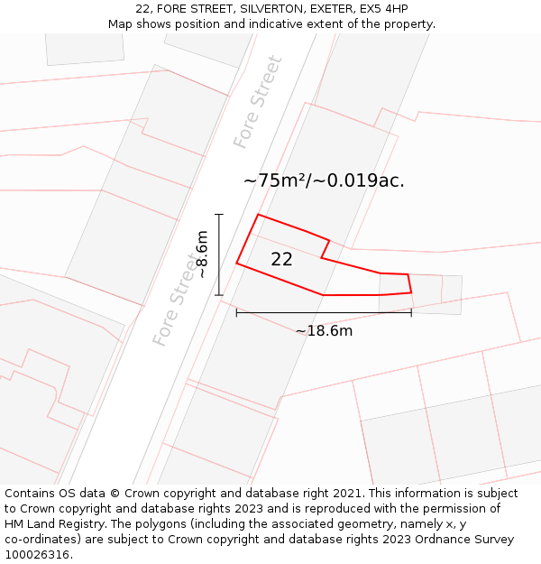 22, FORE STREET, SILVERTON, EXETER, EX5 4HP: Plot and title map