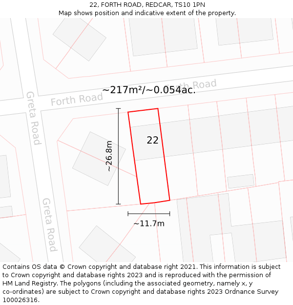 22, FORTH ROAD, REDCAR, TS10 1PN: Plot and title map