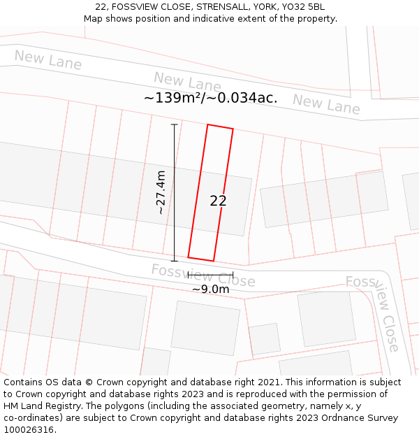 22, FOSSVIEW CLOSE, STRENSALL, YORK, YO32 5BL: Plot and title map
