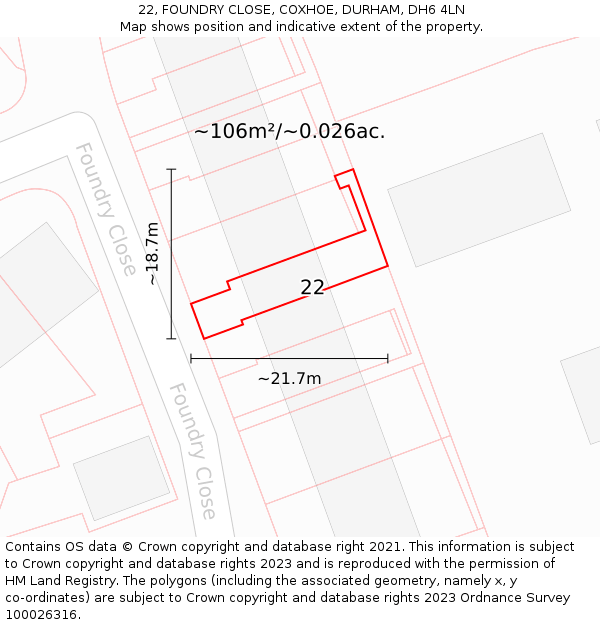 22, FOUNDRY CLOSE, COXHOE, DURHAM, DH6 4LN: Plot and title map