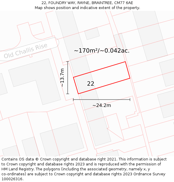 22, FOUNDRY WAY, RAYNE, BRAINTREE, CM77 6AE: Plot and title map