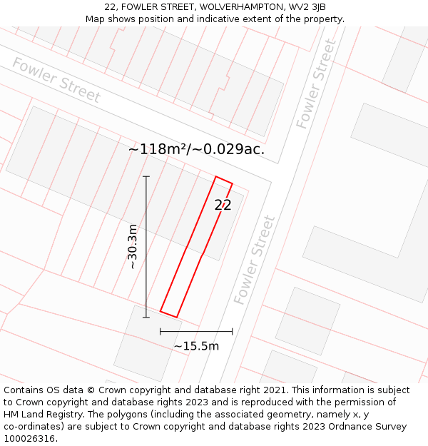22, FOWLER STREET, WOLVERHAMPTON, WV2 3JB: Plot and title map
