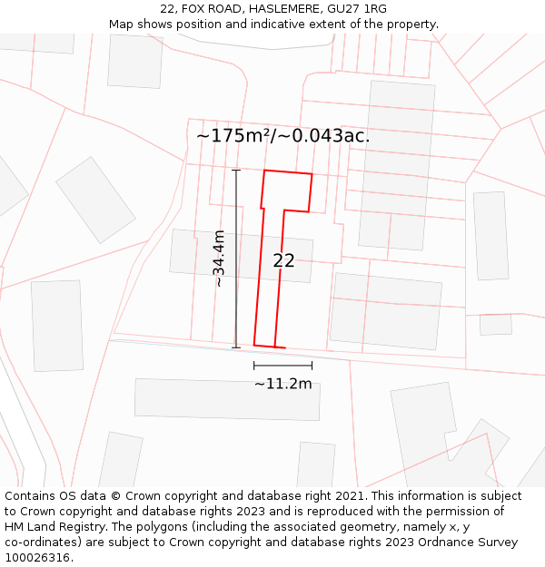 22, FOX ROAD, HASLEMERE, GU27 1RG: Plot and title map