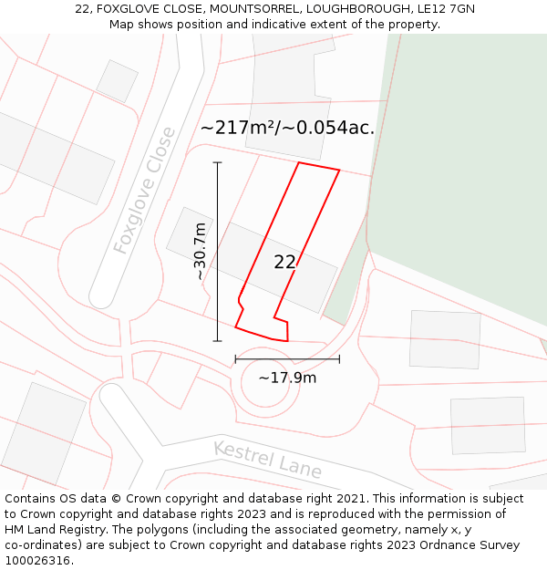 22, FOXGLOVE CLOSE, MOUNTSORREL, LOUGHBOROUGH, LE12 7GN: Plot and title map