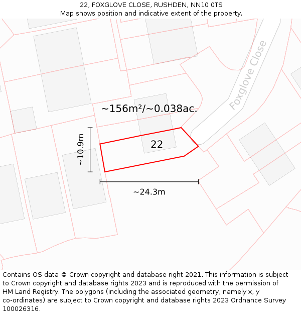 22, FOXGLOVE CLOSE, RUSHDEN, NN10 0TS: Plot and title map