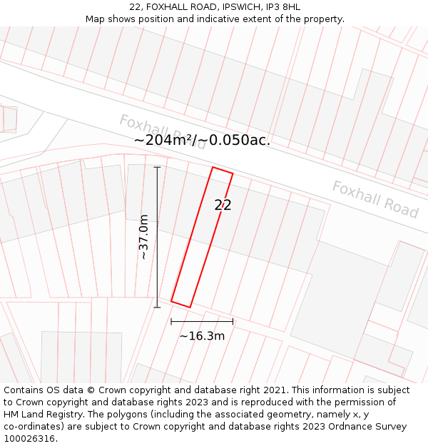 22, FOXHALL ROAD, IPSWICH, IP3 8HL: Plot and title map