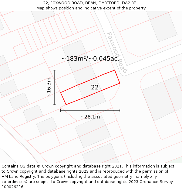 22, FOXWOOD ROAD, BEAN, DARTFORD, DA2 8BH: Plot and title map