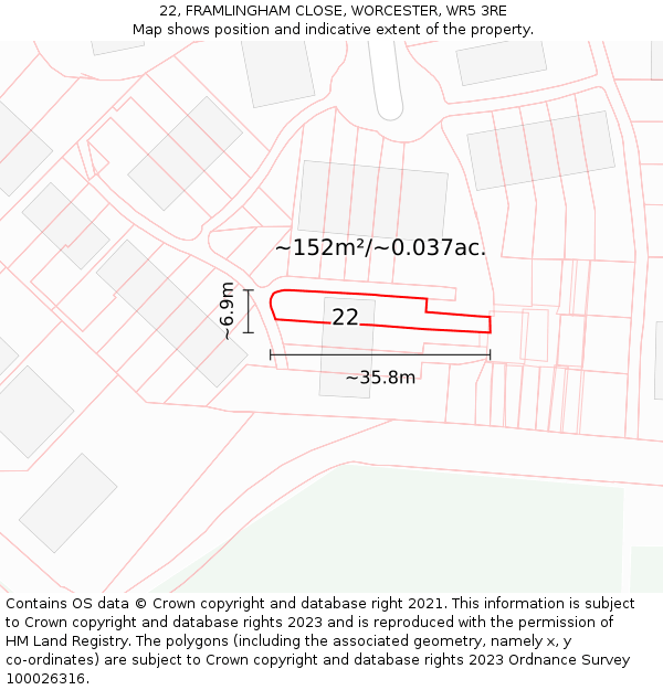 22, FRAMLINGHAM CLOSE, WORCESTER, WR5 3RE: Plot and title map