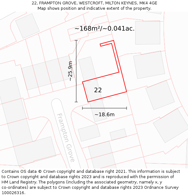 22, FRAMPTON GROVE, WESTCROFT, MILTON KEYNES, MK4 4GE: Plot and title map