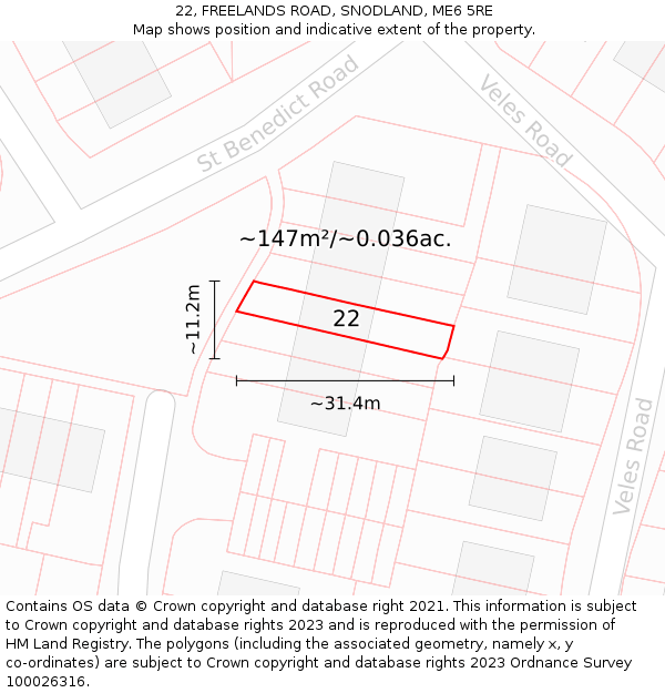 22, FREELANDS ROAD, SNODLAND, ME6 5RE: Plot and title map