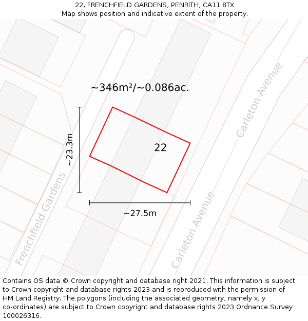22, FRENCHFIELD GARDENS, PENRITH, CA11 8TX: Plot and title map