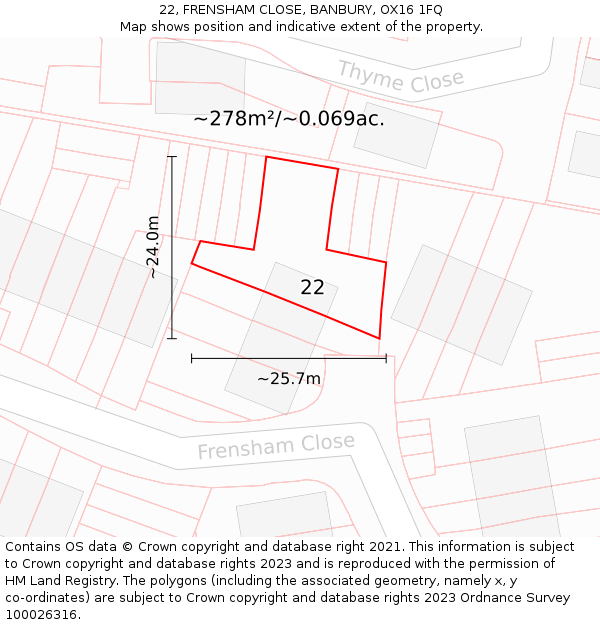 22, FRENSHAM CLOSE, BANBURY, OX16 1FQ: Plot and title map