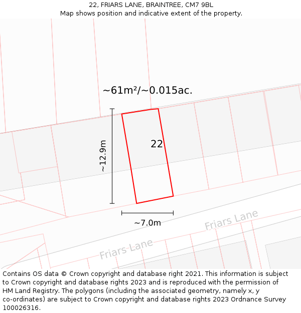 22, FRIARS LANE, BRAINTREE, CM7 9BL: Plot and title map