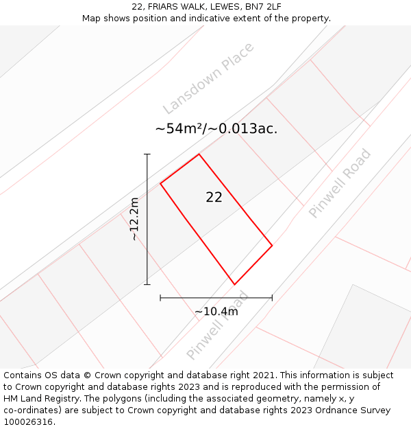 22, FRIARS WALK, LEWES, BN7 2LF: Plot and title map