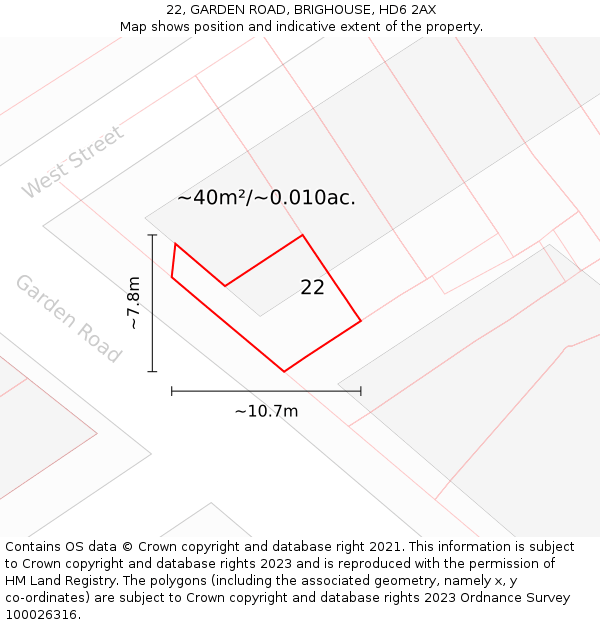 22, GARDEN ROAD, BRIGHOUSE, HD6 2AX: Plot and title map