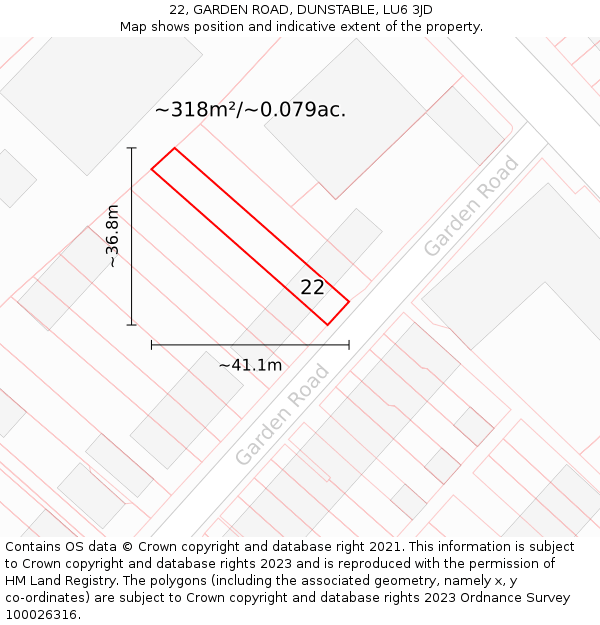 22, GARDEN ROAD, DUNSTABLE, LU6 3JD: Plot and title map