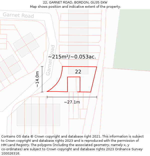 22, GARNET ROAD, BORDON, GU35 0XW: Plot and title map