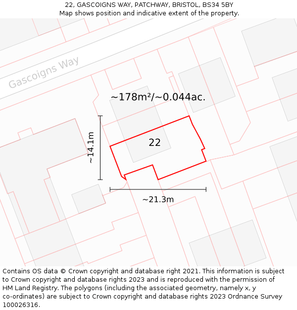22, GASCOIGNS WAY, PATCHWAY, BRISTOL, BS34 5BY: Plot and title map
