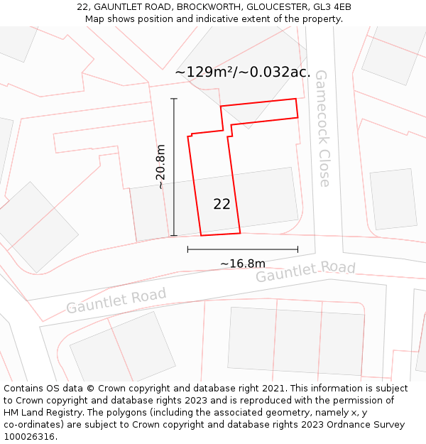 22, GAUNTLET ROAD, BROCKWORTH, GLOUCESTER, GL3 4EB: Plot and title map