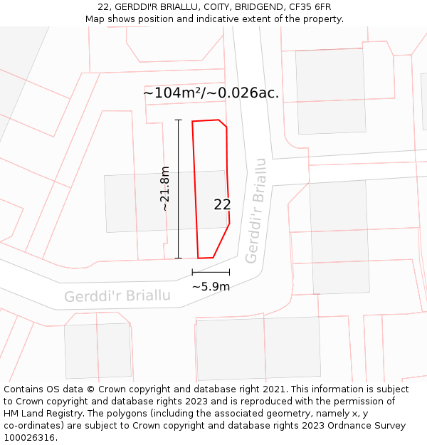 22, GERDDI'R BRIALLU, COITY, BRIDGEND, CF35 6FR: Plot and title map