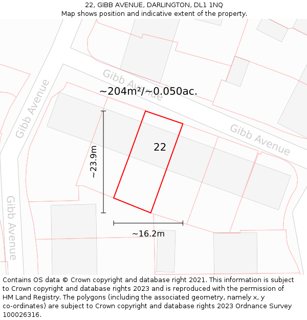 22, GIBB AVENUE, DARLINGTON, DL1 1NQ: Plot and title map