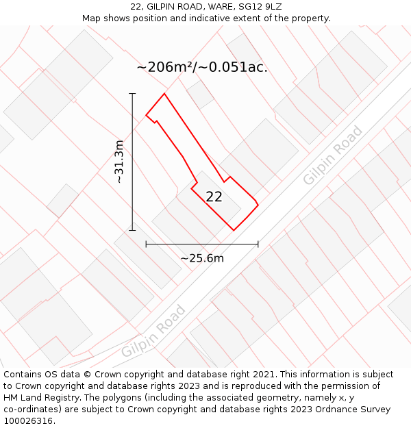 22, GILPIN ROAD, WARE, SG12 9LZ: Plot and title map