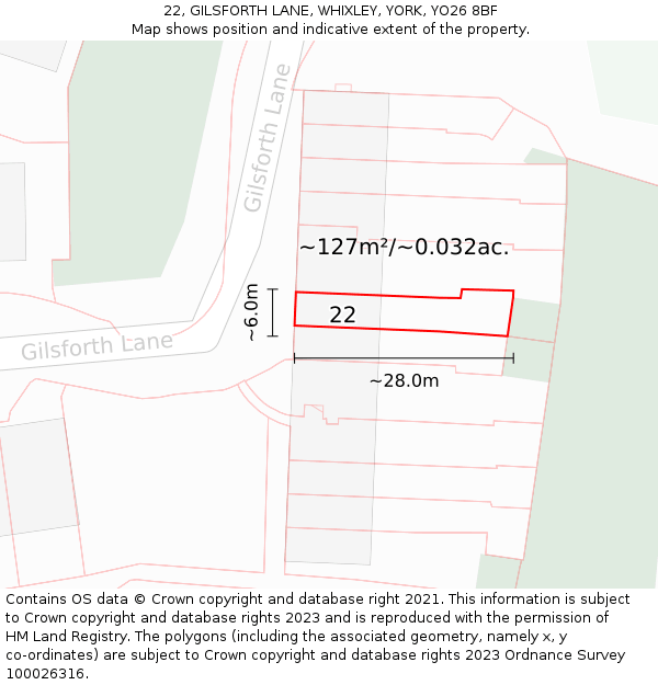 22, GILSFORTH LANE, WHIXLEY, YORK, YO26 8BF: Plot and title map