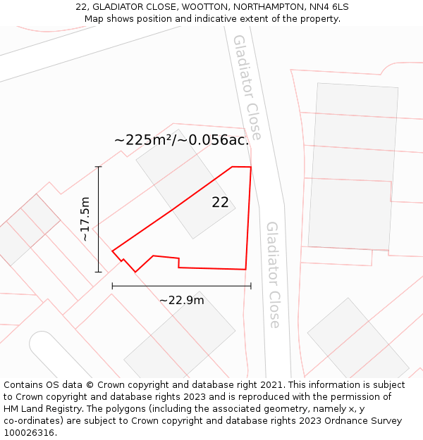 22, GLADIATOR CLOSE, WOOTTON, NORTHAMPTON, NN4 6LS: Plot and title map