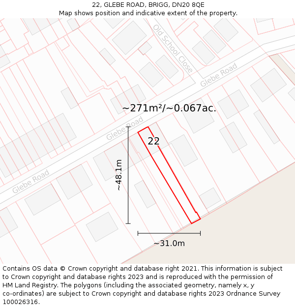 22, GLEBE ROAD, BRIGG, DN20 8QE: Plot and title map