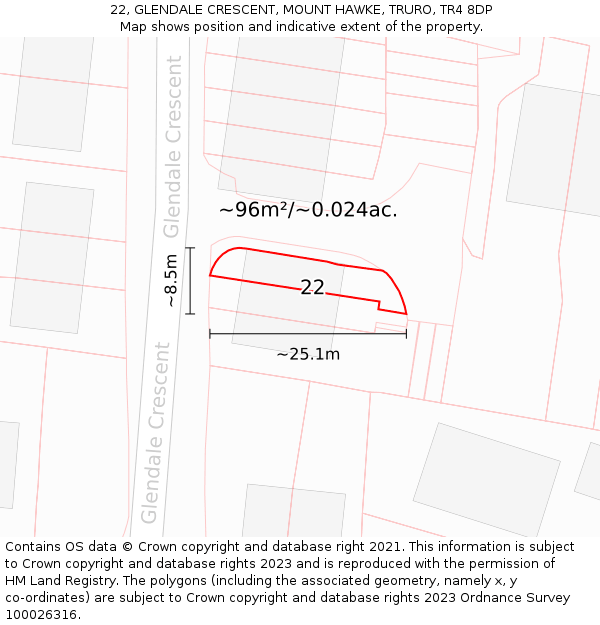 22, GLENDALE CRESCENT, MOUNT HAWKE, TRURO, TR4 8DP: Plot and title map
