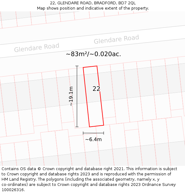 22, GLENDARE ROAD, BRADFORD, BD7 2QL: Plot and title map