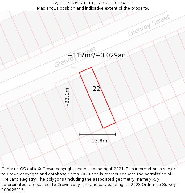 22, GLENROY STREET, CARDIFF, CF24 3LB: Plot and title map