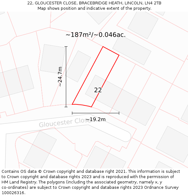 22, GLOUCESTER CLOSE, BRACEBRIDGE HEATH, LINCOLN, LN4 2TB: Plot and title map