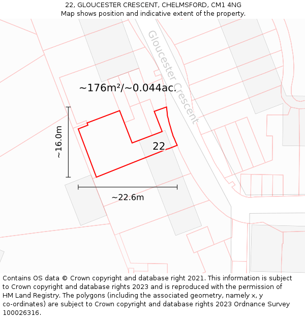 22, GLOUCESTER CRESCENT, CHELMSFORD, CM1 4NG: Plot and title map