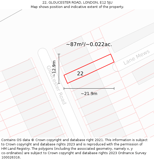 22, GLOUCESTER ROAD, LONDON, E12 5JU: Plot and title map