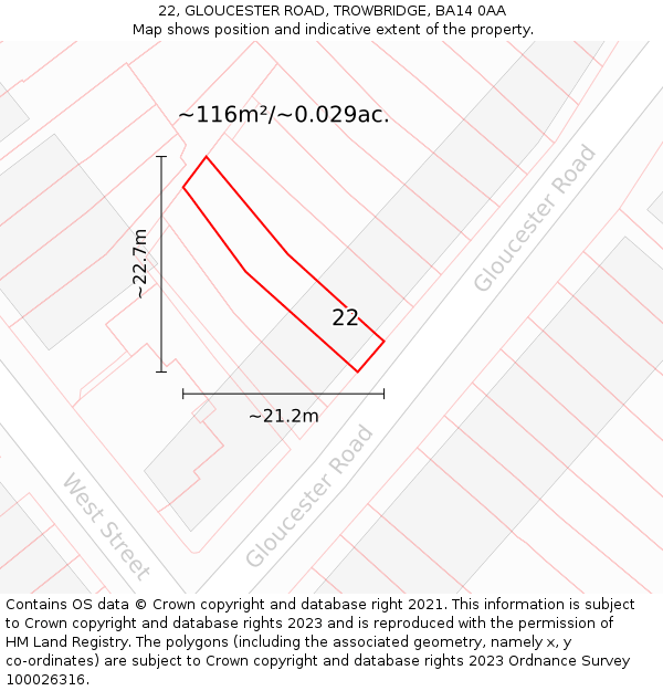 22, GLOUCESTER ROAD, TROWBRIDGE, BA14 0AA: Plot and title map