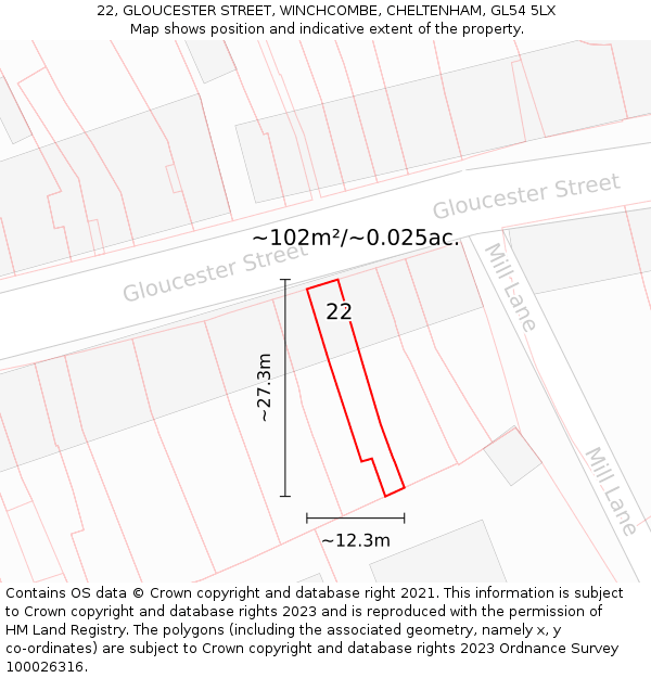 22, GLOUCESTER STREET, WINCHCOMBE, CHELTENHAM, GL54 5LX: Plot and title map