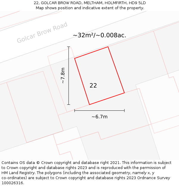 22, GOLCAR BROW ROAD, MELTHAM, HOLMFIRTH, HD9 5LD: Plot and title map
