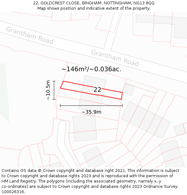 22, GOLDCREST CLOSE, BINGHAM, NOTTINGHAM, NG13 8QQ: Plot and title map