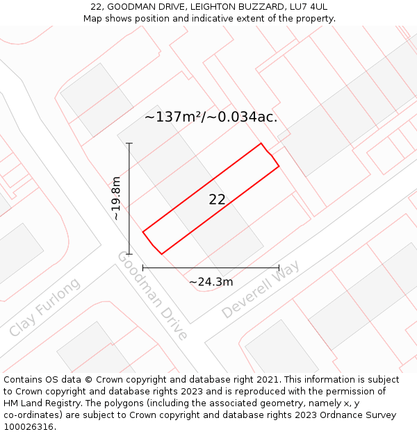 22, GOODMAN DRIVE, LEIGHTON BUZZARD, LU7 4UL: Plot and title map