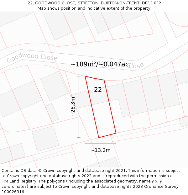 22, GOODWOOD CLOSE, STRETTON, BURTON-ON-TRENT, DE13 0FP: Plot and title map