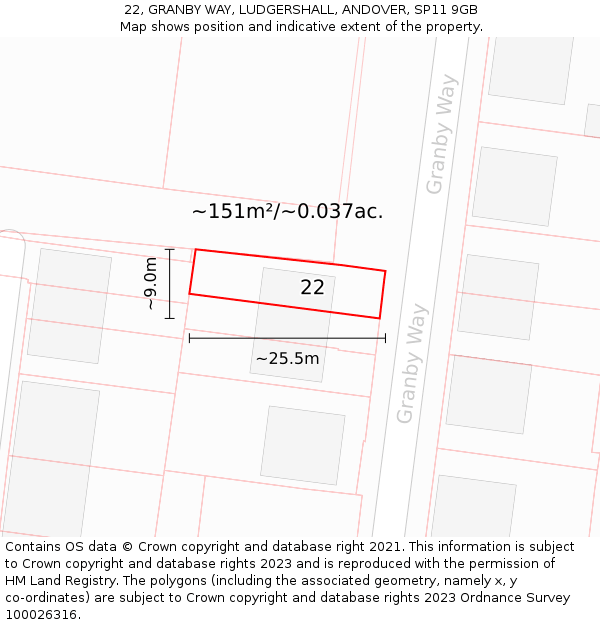22, GRANBY WAY, LUDGERSHALL, ANDOVER, SP11 9GB: Plot and title map