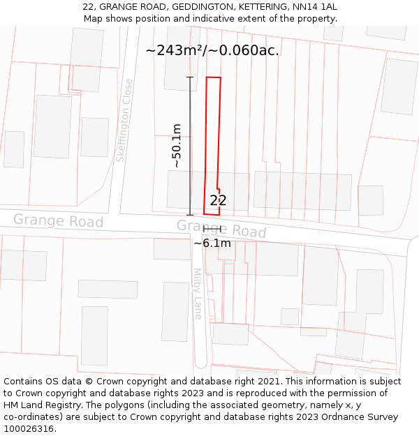 22, GRANGE ROAD, GEDDINGTON, KETTERING, NN14 1AL: Plot and title map