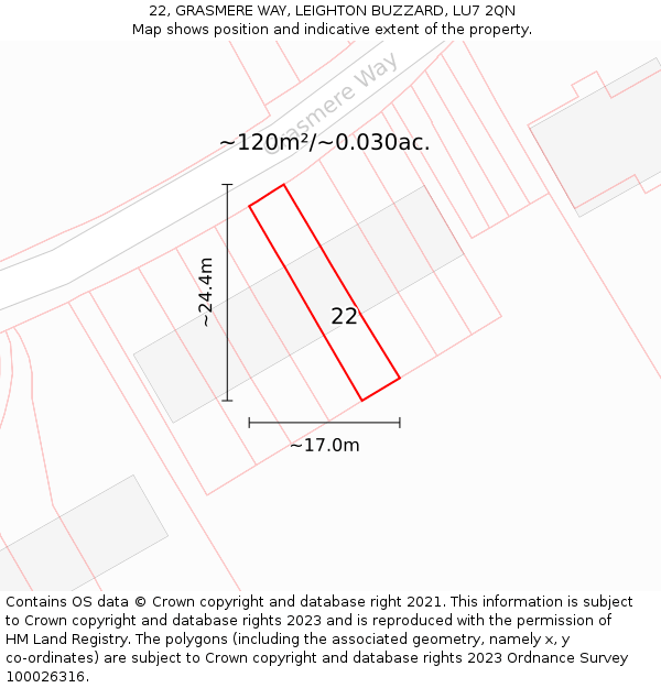 22, GRASMERE WAY, LEIGHTON BUZZARD, LU7 2QN: Plot and title map