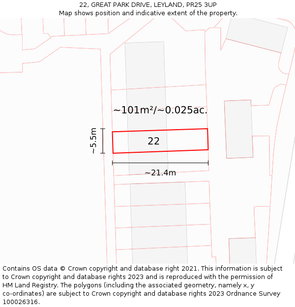 22, GREAT PARK DRIVE, LEYLAND, PR25 3UP: Plot and title map
