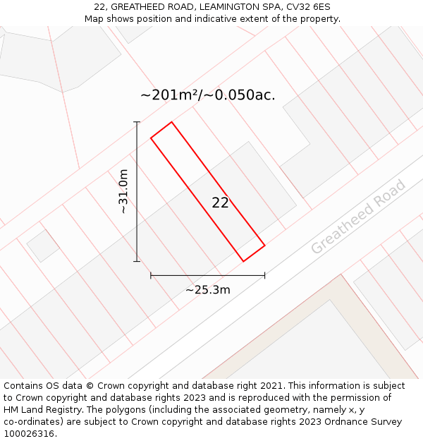 22, GREATHEED ROAD, LEAMINGTON SPA, CV32 6ES: Plot and title map